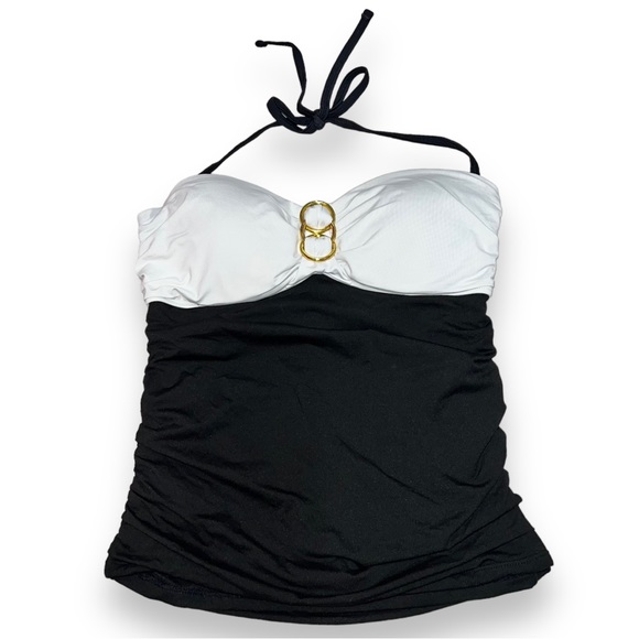 La Vie En Rose Women's Black & White Halter Tankini Gold Ruche with Padding Sz S - Picture 2 of 11